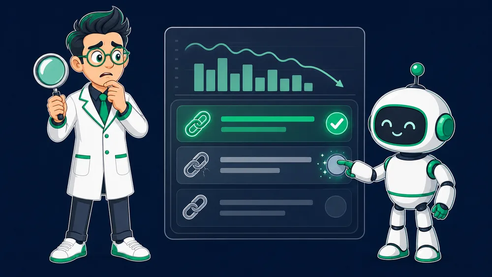 The Cited Labs mascot looking concerned as Google's SpamBrain AI quietly greys out and devalues a paid backlink on a dashboard, with a declining chart