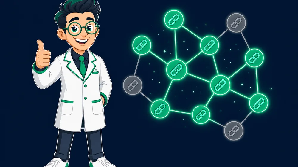 The Cited Labs Link Scientist giving a thumbs up beside a mostly healthy profile of glowing emerald link nodes with a few greyed out, showing most audits end reassuringly