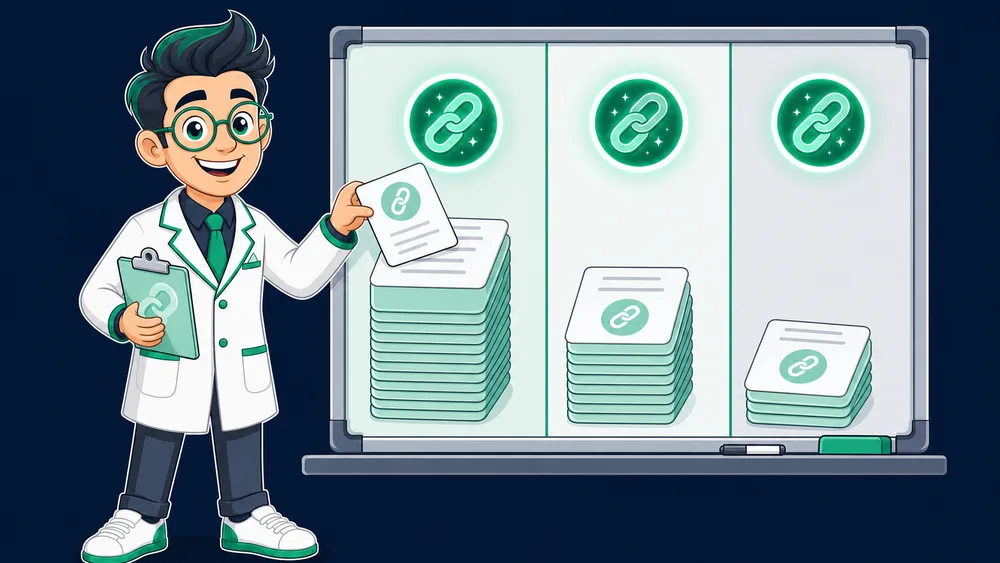 The Cited Labs Link Scientist at a board sorting candidate linking websites into high, medium, and low priority stacks marked with emerald link icons