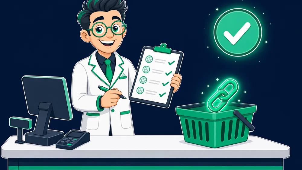 The Cited Labs scientist mascot approving a list of target websites on a clipboard before buying a glowing editorial backlink, with a green safety checkmark