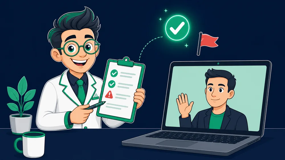 The Cited Labs mascot interviewing a link-building agency representative on a video call, holding a checklist of questions with a green checkmark and a red warning flag