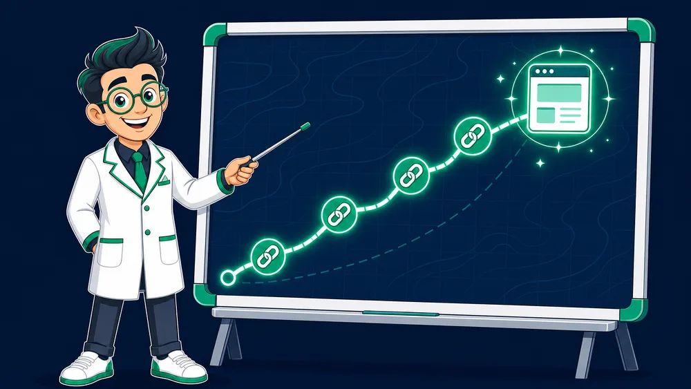 An ascending chain of linked emerald nodes rising over a faint grid, representing a planned link-building strategy that compounds authority over time
