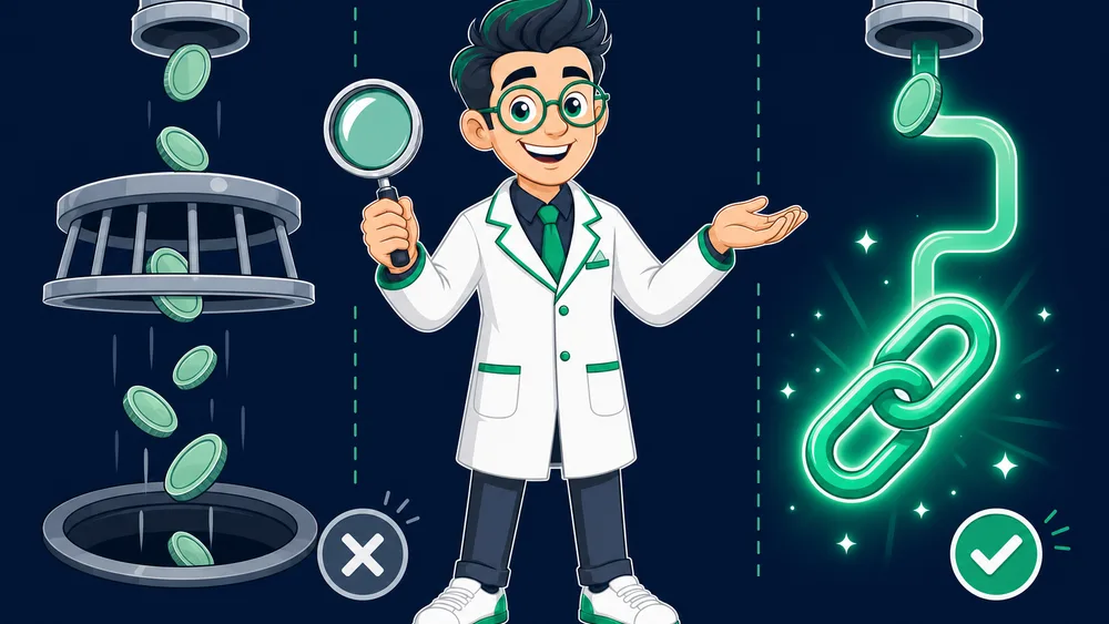 The Cited Labs mascot comparing a retainer where coins drain away with no links, to pay-per-live-link where a coin buys a chain link that lights up green and verified